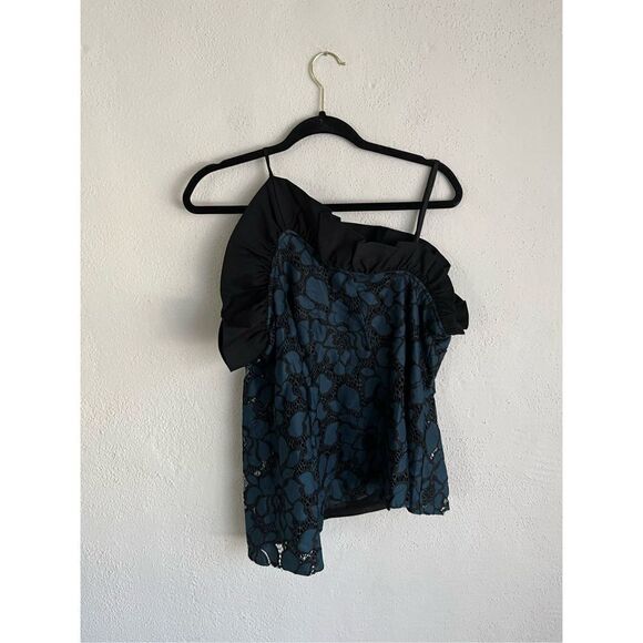Venus 
Blue & Black Lace One Sleeve Dressy Ruffled Blouse, Size 6 - Picture 9 of 9